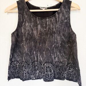 Black Mineral Wash Tank Top Laser Cut Eyelet Hem Boho Festival Western M
